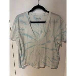 Hollister Women Crop Top Large‎ White Blue Tie Dye T-Shirt Crop V Neck